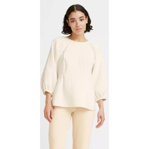 Levi's CAIT PUFF SLEEVE BUTTON-UP‎ BLOUSE Ivory Large Peasant Quilted Feminine - Picture 1 of 12